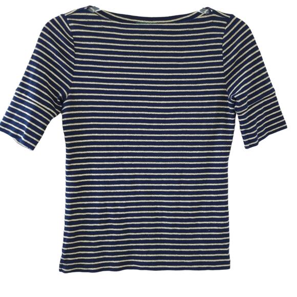 Lauren Ralph Lauren Stripe Shirt Petite Small PS Navy Blue, Gold Metallic Stripe - Picture 1 of 5